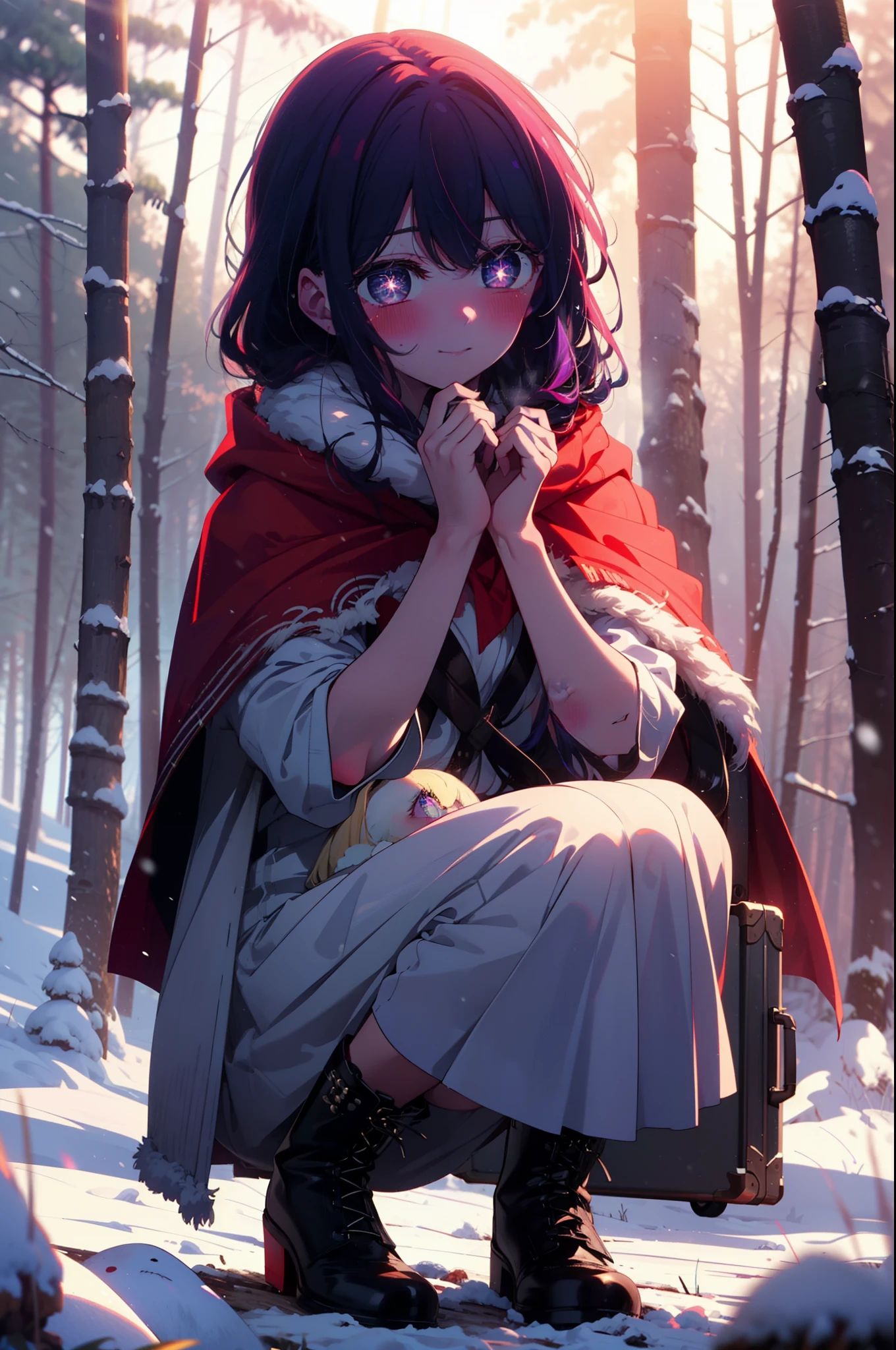 aihoshino, Ai Hoshino, Long Hair, bangs, (Purple eyes:1.1), Purple Hair, (Symbol-shaped pupil:1.5), smile,,smile,blush,white breath,
Open your mouth,snow,Ground bonfire, Outdoor, boots, snowing, From the side, wood, suitcase, Cape, Blurred, , forest, White handbag, nature, Squat, Mouth closed, Cape, winter, Written boundary depth, Black shoes, red Cape break looking at viewer, Upper Body, whole body, break Outdoor, forest, nature, break (masterpiece:1.2), Highest quality, High resolution, unity 8k wallpaper, (shape:0.8), (Beautiful and beautiful eyes:1.6), Highly detailed face, Perfect lighting, Extremely detailed CG, (Perfect hands, Perfect Anatomy),