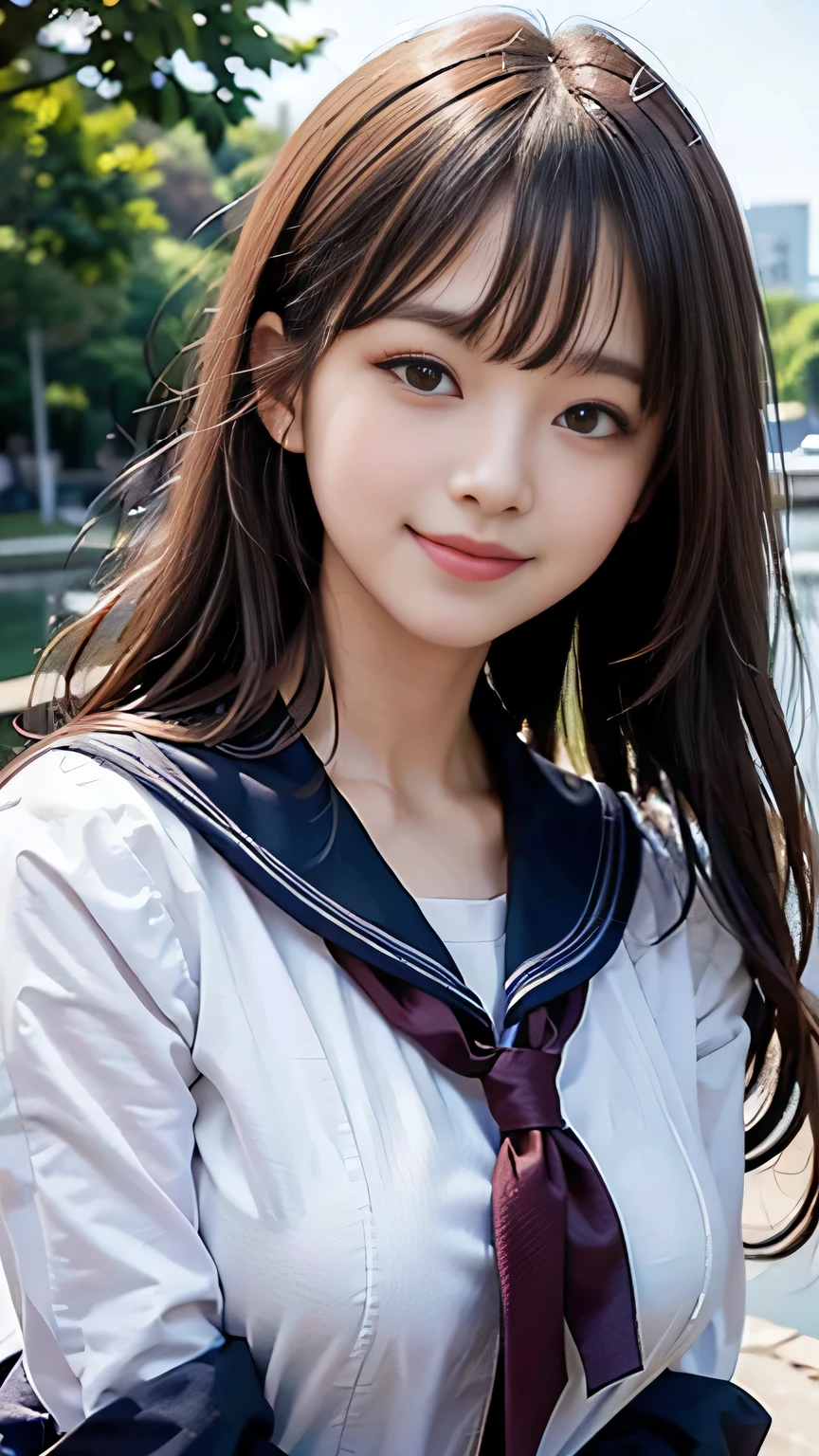 ((Highest quality、masterpiece、High resolution))、(((Zoom photo of upper body)))、One Woman、A shy smile、、Large Breasts、Sailor suit、Black Hair、Shorn bangs、Straight hair