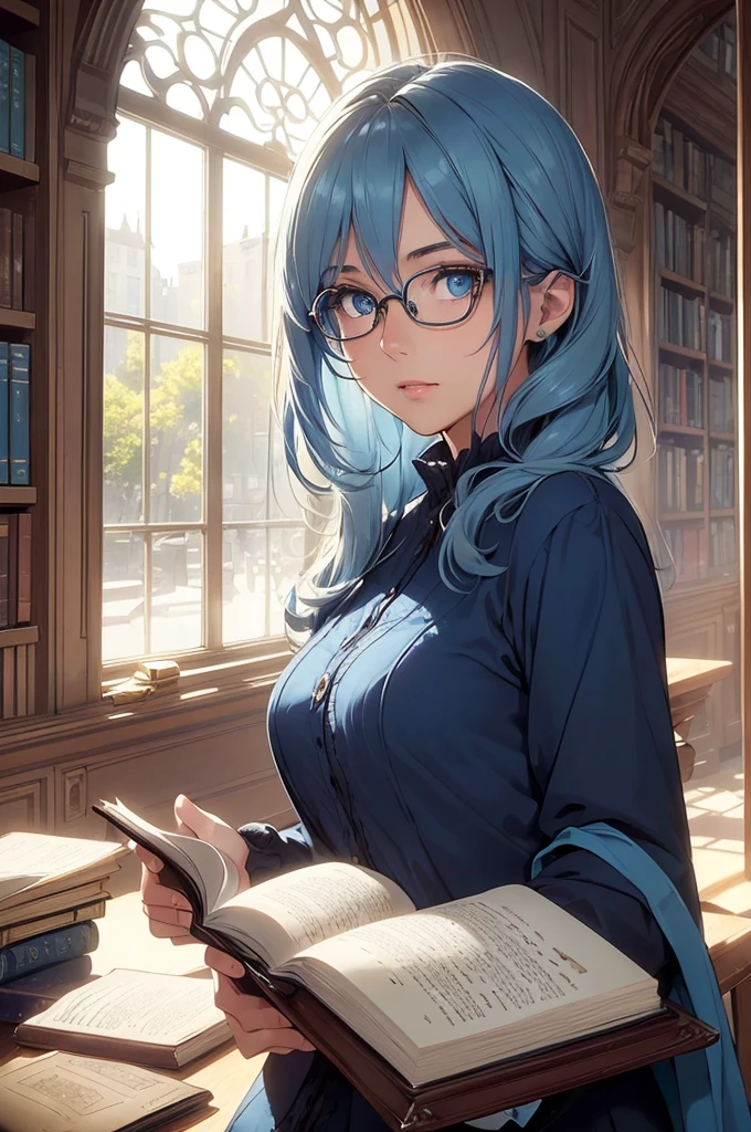(a young lady, glasses, detailed eyes and face, gentle face, confident, blue eyes, blue vibes that surround her) ( therapist, Doctor ), (an old library), (reading a book, focused), (sunlight streaming through the window), (serene atmosphere), (vintage, classical), (warm color palette), (gentle lighting)