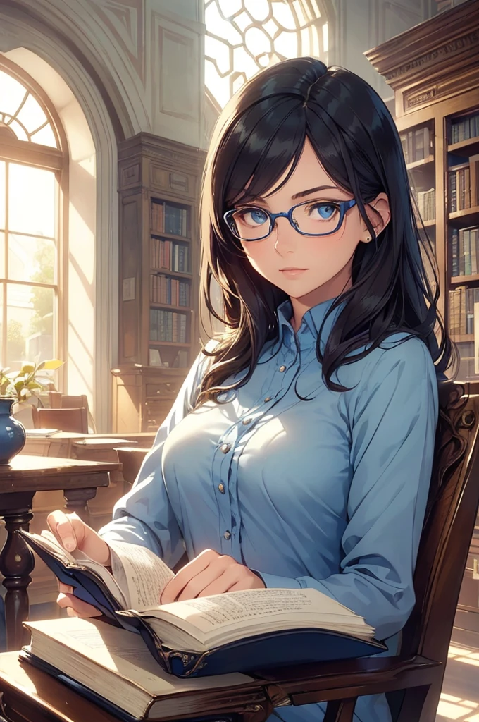(a young lady, glasses, detailed eyes and face, gentle face, confident, blue eyes, blue vibes that surround her) ( therapist, Doctor ), (an old library), (reading a book, focused), (sunlight streaming through the window), (serene atmosphere), (vintage, classical), (warm color palette), (gentle lighting)