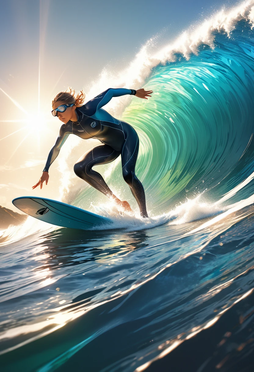 
               Anatomically correct surfer wearing blue wetsuit and diving goggles riding huge wave featuring sunlight hitting the ocean, white blue green gradient, high dynamic range, Detailed and intricate psychedelic illustration of a hyper-realistic surfer High dynamic angles Perfect pose and vibrant Cinematic art imagery Beautiful artistic rendering of light and shadow cinematic special effects High-resolution imagery Surreal textures High-resolution, Digital painting,

                             Delicate and dynamic rendering, ultra-high quality, masterpiece,  Super detailed, Best quality animation style HD high quality presentation
