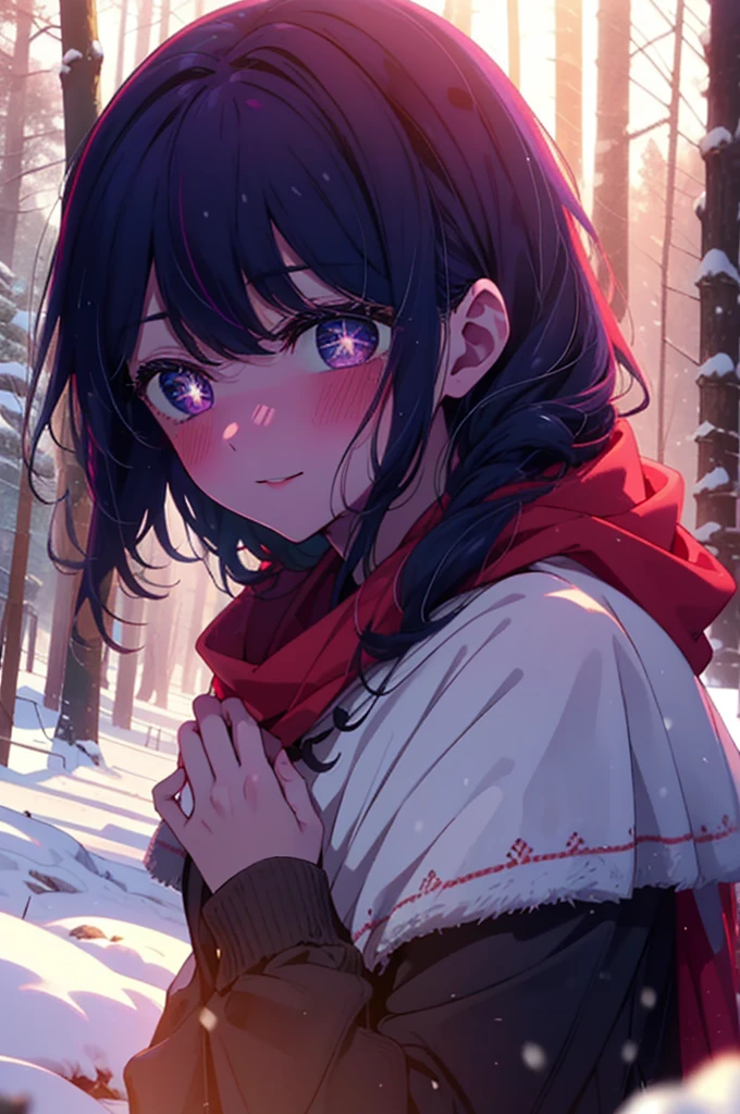 aihoshino, Ai Hoshino, Long Hair, bangs, (Purple eyes:1.1), Purple Hair, (Symbol-shaped pupil:1.5), smile,,smile,blush,white breath,
Open your mouth,snow,Ground bonfire, Outdoor, boots, snowing, From the side, wood, suitcase, Cape, Blurred, , forest, White handbag, nature,  Squat, Mouth closed, Cape, winter, Written boundary depth, Black shoes, red Cape break looking at viewer, Upper Body, whole body, break Outdoor, forest, nature, break (masterpiece:1.2), Highest quality, High resolution, unity 8k wallpaper, (shape:0.8), (Beautiful and beautiful eyes:1.6), Highly detailed face, Perfect lighting, Extremely detailed CG, (Perfect hands, Perfect Anatomy),