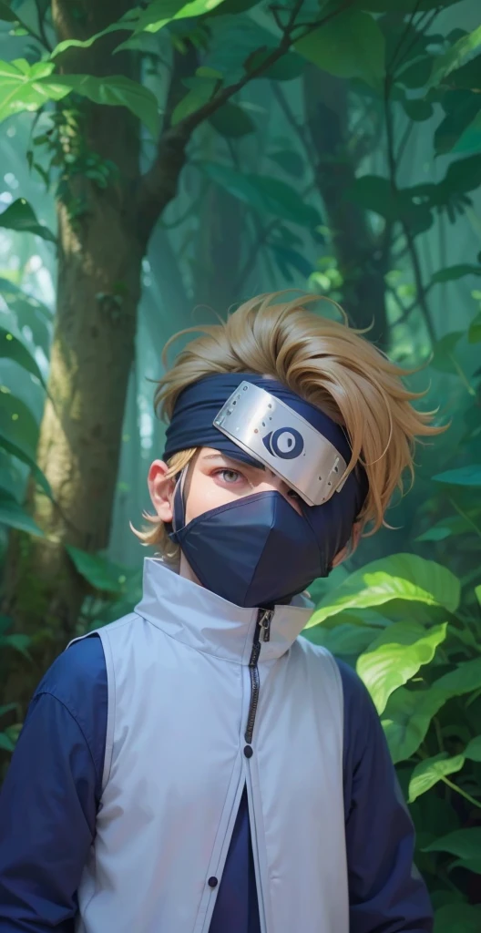 Real life adaption of this character , handsome man, same hair, realistic same headband covered his 1 eyes , realistic same mask covered his mouth,(realistic same outfit),realistic jungle background , realistic light, realistic shadow, realism, hyper realistic,(photorealistic:1.2), normal small eyes
