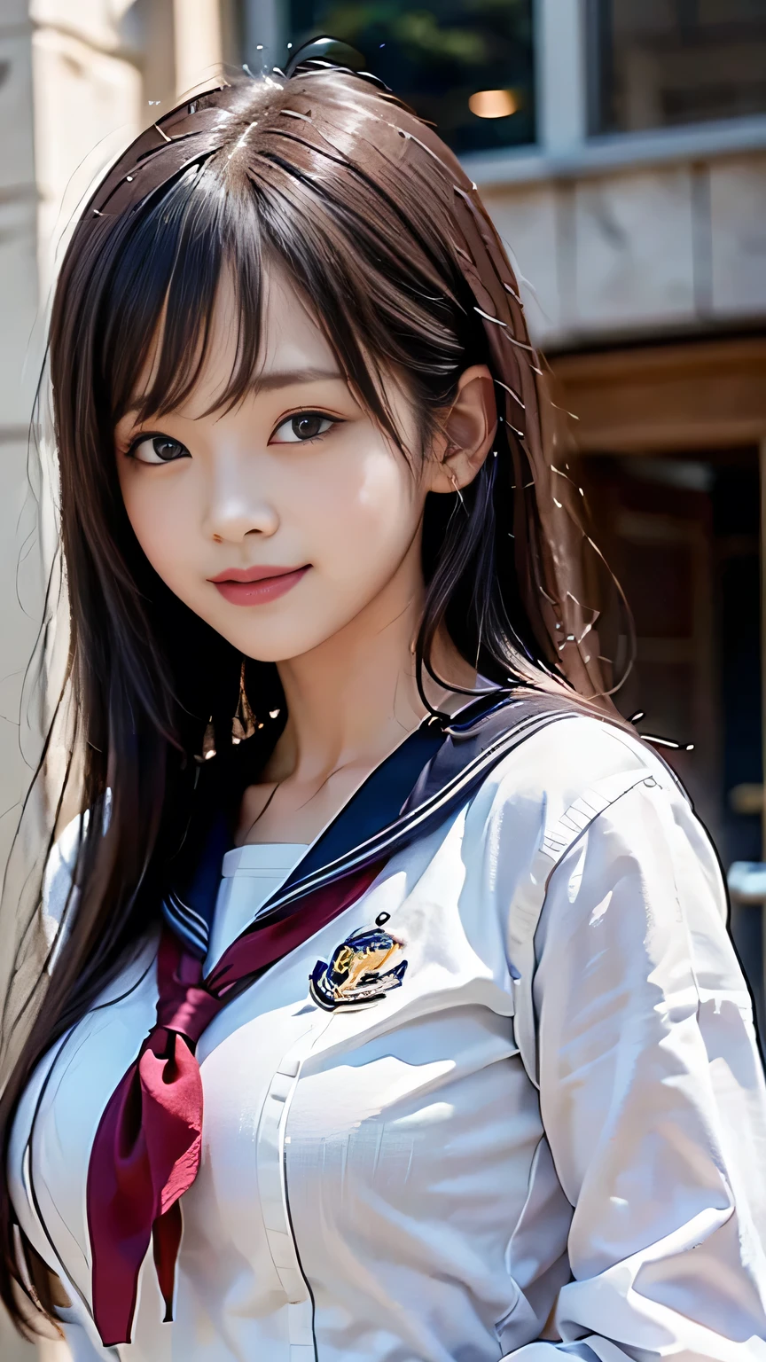 ((Highest quality、masterpiece、High resolution))、(((Zoom photo of upper body)))、One Woman、A shy smile、15 years old、Large Breasts、Sailor suit、Black Hair、Shorn bangs、Straight hair