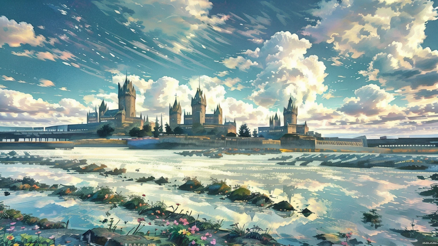 flowery and colorful rustic countryside scenario, fairy like, hogwarts style,