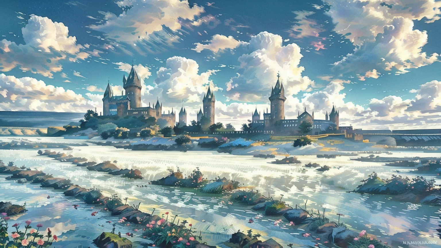 flowery and colorful rustic countryside scenario, fairy like, hogwarts style,