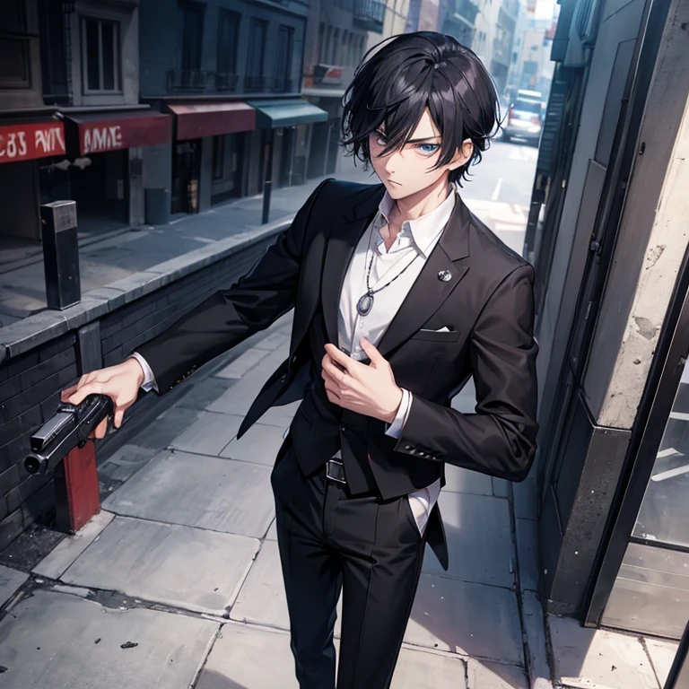 (One MAN) anime boy, 20's, stern, mafia feels, mafia clothes, balck hair and blue eyes, necklace, Gun, mafia background, mafia vibes,Black suit and white shirt underneath suit, pant. 