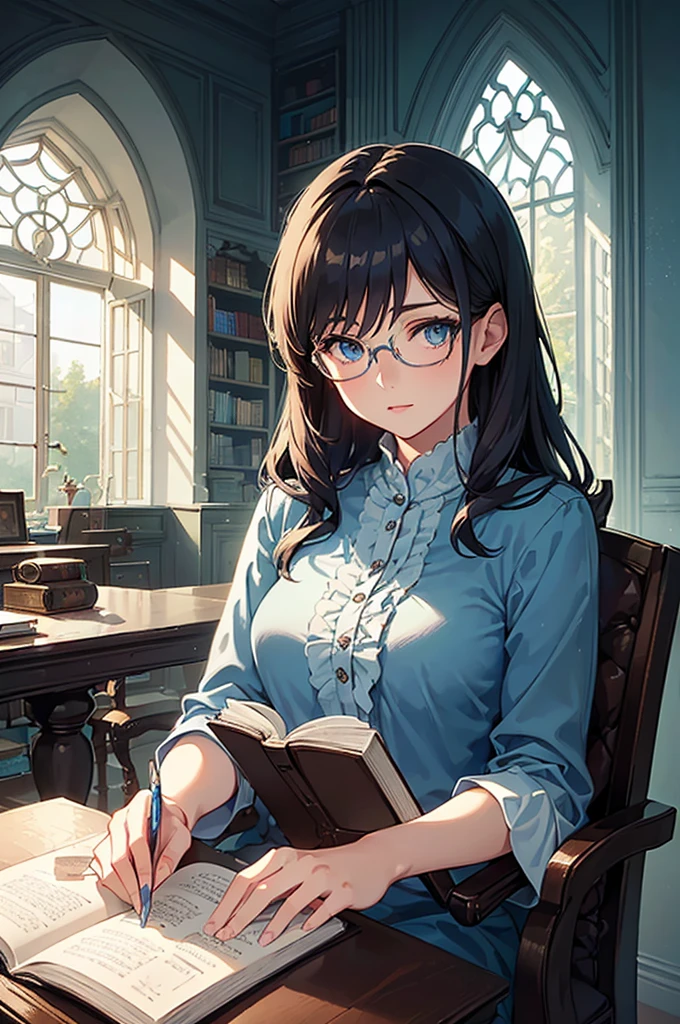 (a young lady, glasses, detailed eyes and face, gentle face, confident, blue eyes, blue vibes that surround her) ( therapist, Doctor ), (an old library), (reading a book, focused), (sunlight streaming through the window), (serene atmosphere), (vintage, classical), (warm color palette), (gentle lighting)