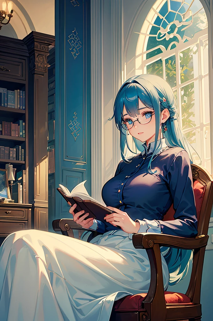 (a young lady, glasses, detailed eyes and face, gentle face, confident, blue eyes, blue vibes that surround her) ( therapist, Doctor ), (an old library), (reading a book, focused), (sunlight streaming through the window), (serene atmosphere), (vintage, classical), (warm color palette), (gentle lighting)