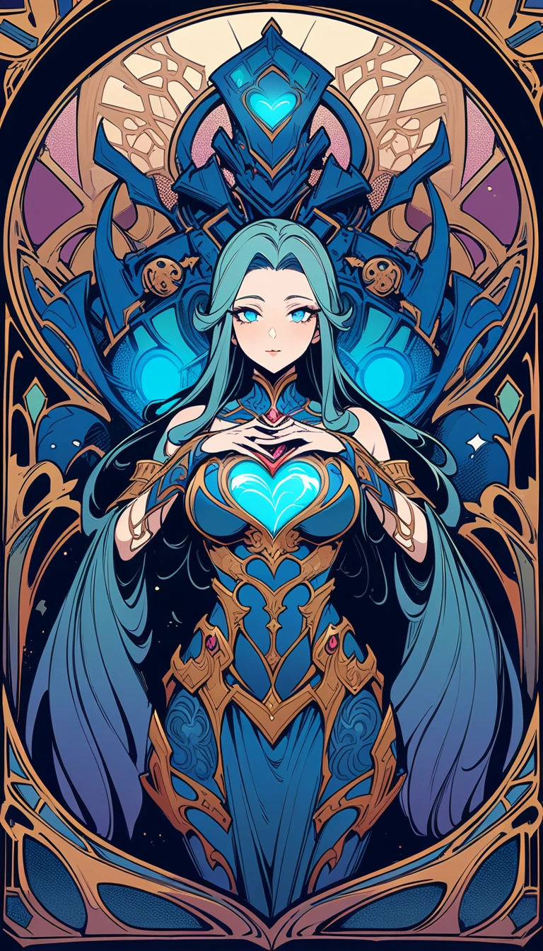 ((best quality)) , ((masterpiece)) , (detailed),League of Legends Champion Z amidst, with a giant iron armoured body and glowing blue eyes, and an internal mechanical heart displayed on his chest, in the style of fantasy.,art nouveau style , elegant, decorative, curvilinear forms, nature-inspired, ornate, detailed