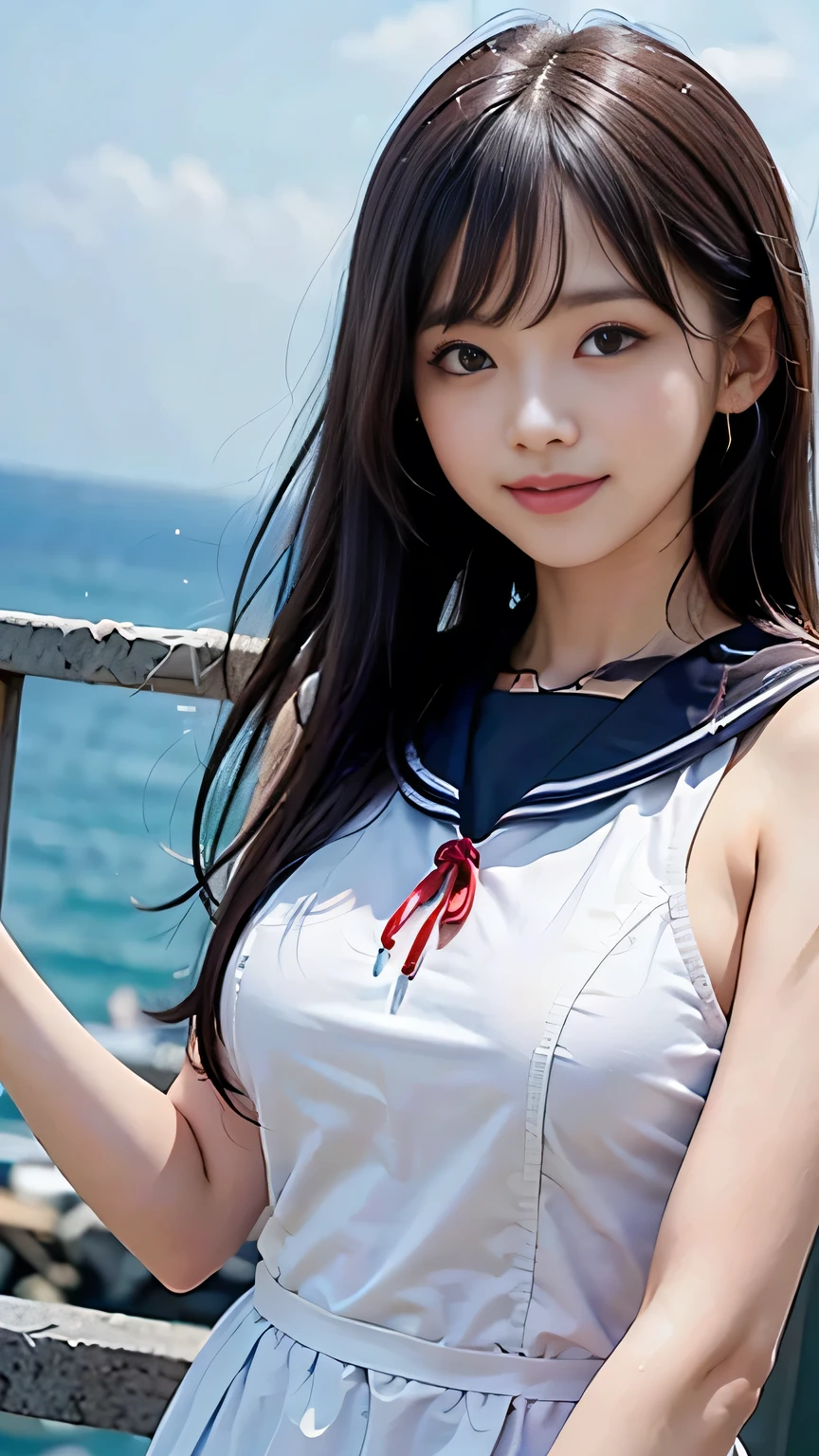 (One Girl), Very cute face, Great face and eyes, (Highly detailed eyes, Highly detailed face), Fresh, Very beautiful appearance, (Ultra-realistic, High resolution), (highest quality:1.4), RAW Photos, (Realistic, Realistic:1.37), Professional photography , (Wet and see-through sailor uniform:1.1)  , (Cleavage:1.2) , Smile a little, (look at me) , Portrait of a Girl  , (Huge breasts:1.3)   , (())   , (short hair:0.9) , (wavy hair:1.3) , (Nipples visible through sailor uniform:1.3) , (Pussy juice:1.3) , (Please tilt your head a little) , Perfect nipples , ((Nipples are light pink )) , ((light pink areola))  , (Put your arms behind your head:1.3) , (The man is licking her nipples:1.4) , (sweating cleavage:1.2) , (sperm on her breasts ) , (small nipples)