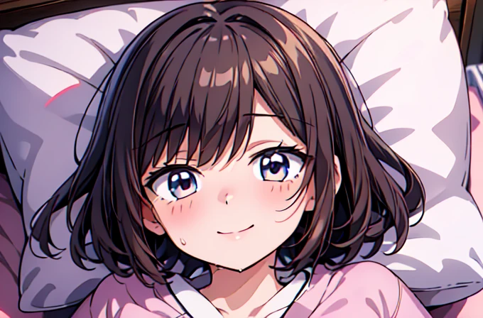 Highest quality, masterpiece, Ultra-high resolution, 8k,Show anime style , Soft Line Art, Digital Enhancement, shojo anime touch, shojo manga core, Flowing fabric, close, Soft Drawing, Ultra-Definition Digital Anime Art, Clear facial depiction, Super detailed girl cartoon character art, Ultra-detailed manga style, Highest qualityの色, １People Women,(A woman with short brown hair), Wet Hair,Beautiful brown hair, Clear brown eyes, Slightly chubby,Small breasts,pajamas,((She is sleeping in bed with the covers on.)),I sleep in the same bed and watch her,Peaceful sleeping face,She wakes up,I call out good morning,((She lay face down in her sleep, her cheek on the pillow, turned her face towards me and smiled fondly.)),Little devil&#39;s smile,(Focus on face),(((1 picture)))
