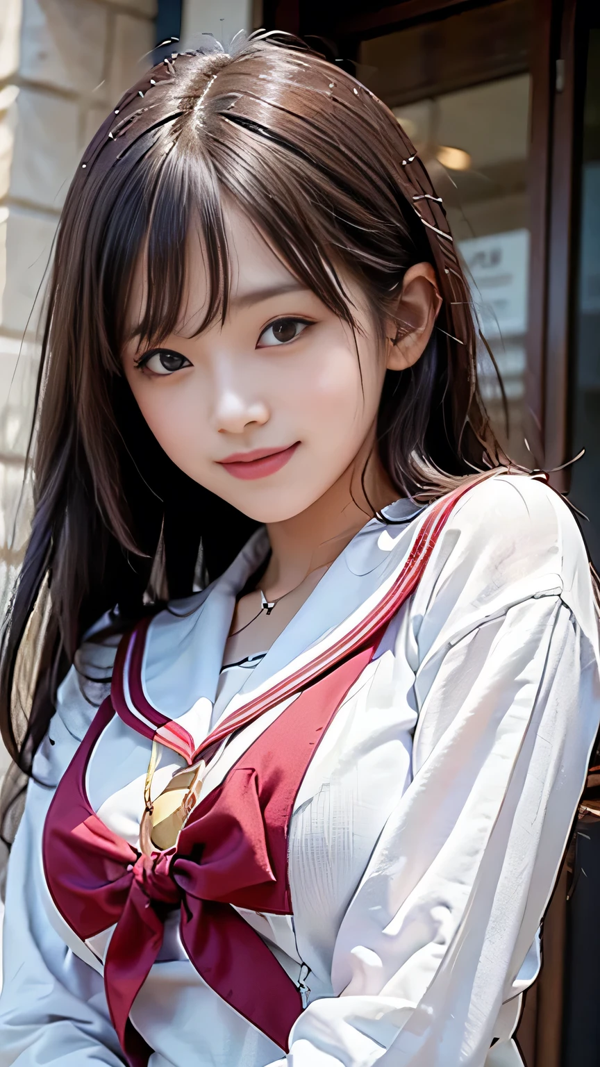 (best quality), ((8k, raw, masterpiece: 1.5)), ((professional photography, sharp: 1.2), ((half body photoshoot)), perfect dynamic composition, (natural sun light), (soft shadow), (1 girl), black medium curly hair, Ultra-detailed faces and skin, perfect Asian, gorgeous, White skin, (Delicate skin:1.4), (latex skin:0.4), (perfect glowing skin:0.3), (huge round breast: 1.35), light brown eyes, beautiful eyes, round eyes, pretty face, blush, glossy lips, plump lips, high nose bridge, glossy eyes, Really moist skin, (((huge smile))), looking at camera, (((wear red school uniform)))