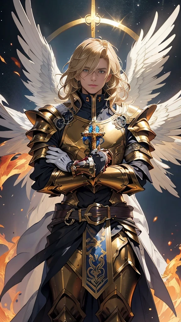 (((mtu))), (((best qualityer))), (((tmasterpiece))), (((European -Adult))), male catholic holy angel stepping on flames,giant shiny intricate colossal wings, perfect body figure, celestial armor, shiny gloves on his hands,The left arm is armored gold,Made of silver and golden protective devices, The eyes are pulled, (( Appears below the chest )),,For high-resolution posters, hair straight, prudish clothes , (((fully celestial armored))) Full of golden tips and rivets, fire blond flowy hair