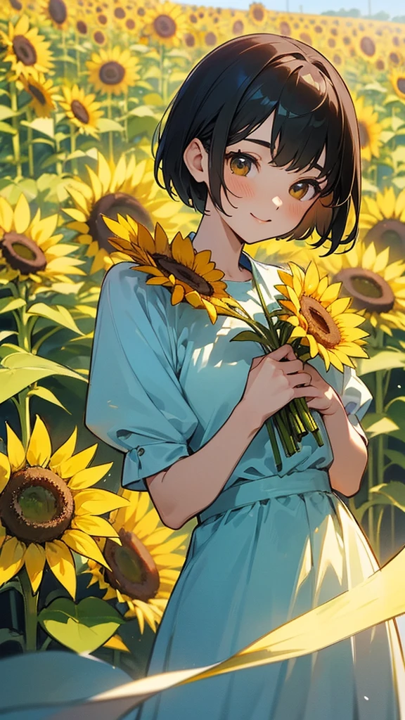 master piece, best quality, for below, cinematic angle, upper body , pigeon toed,
Anime-style Moe illustration, summer vacation theme, 20-year-old 4womans holding a bouquet of sunflowers, short hair, country dress, slightly inner thighs, smile, accurate drawing, Active pose,