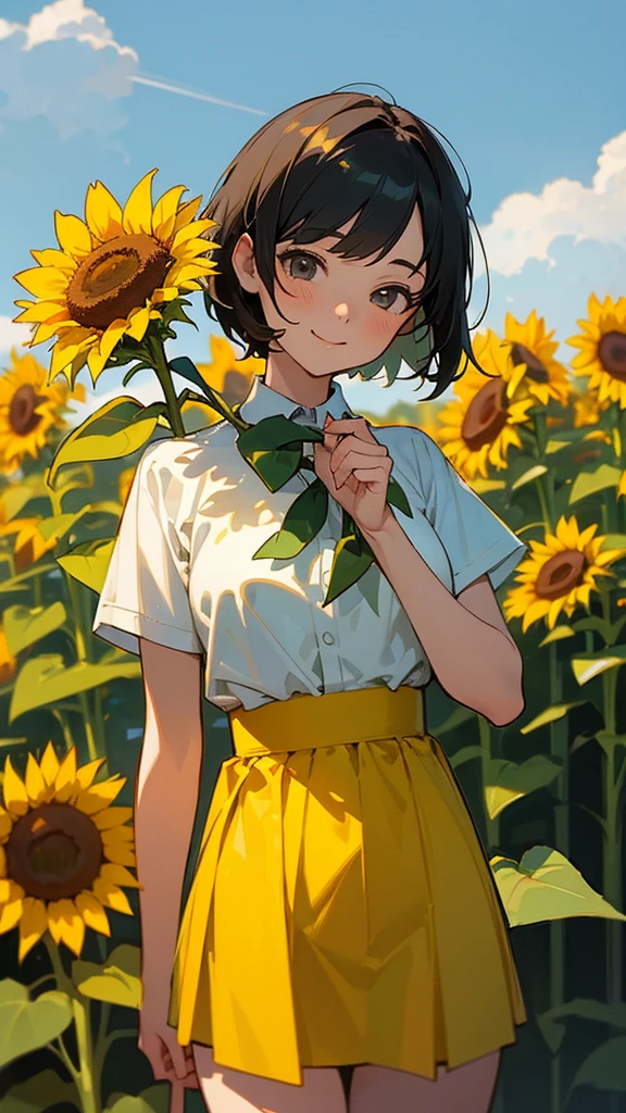 master piece, best quality, for below, cinematic angle, upper body , pigeon toed,
Anime-style Moe illustration, summer vacation theme, 20-year-old 4womans holding a bouquet of sunflowers, short hair, country dress, slightly inner thighs, smile, accurate drawing, Active pose,