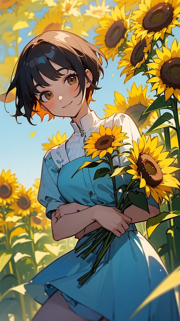  master piece, best quality, for below, cinematic angle, upper body , pigeon toed,  
Anime-style Moe illustration, summer vacation theme, 20-year-old 4womans holding a bouquet of sunflowers, short hair, country dress, slightly inner thighs, smile, accurate drawing, Active pose,