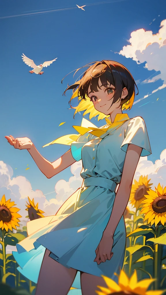 master piece, best quality, for below, cinematic angle, upper body , pigeon toed,
Anime-style Moe illustration, summer vacation theme, 20-year-old 4womans holding a bouquet of sunflowers, short hair, country dress, slightly inner thighs, smile, accurate drawing, Active pose,