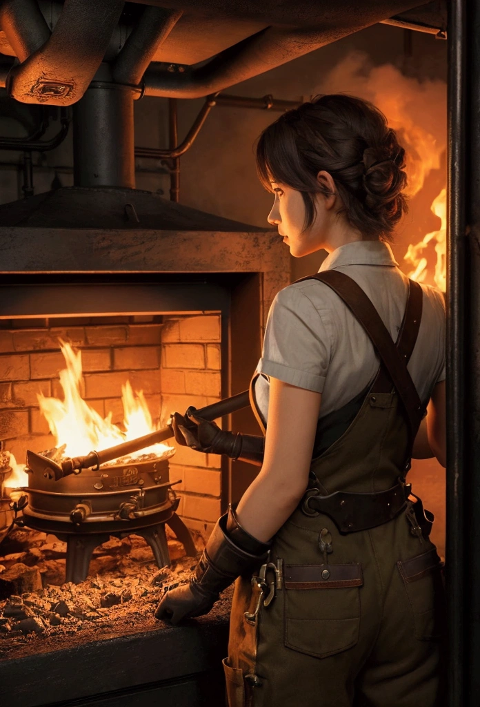 "Steampunk style, a beautiful young female engineer with short hair, wearing overalls, illuminated by the flames, working hard, shoveling coal into the firebox of a steam locomotive, both hands holding a large shovel, expression showing determination and effort, dimly lit engine room with the fire blazing in the firebox, Industrial Revolution era steam locomotive interior, camera positioned from the back of the engine room facing the firebox, with the woman in the foreground and the roaring fire in the background, detailed and realistic, cinematic composition capturing the dynamic action and intense atmosphere of the scene, 