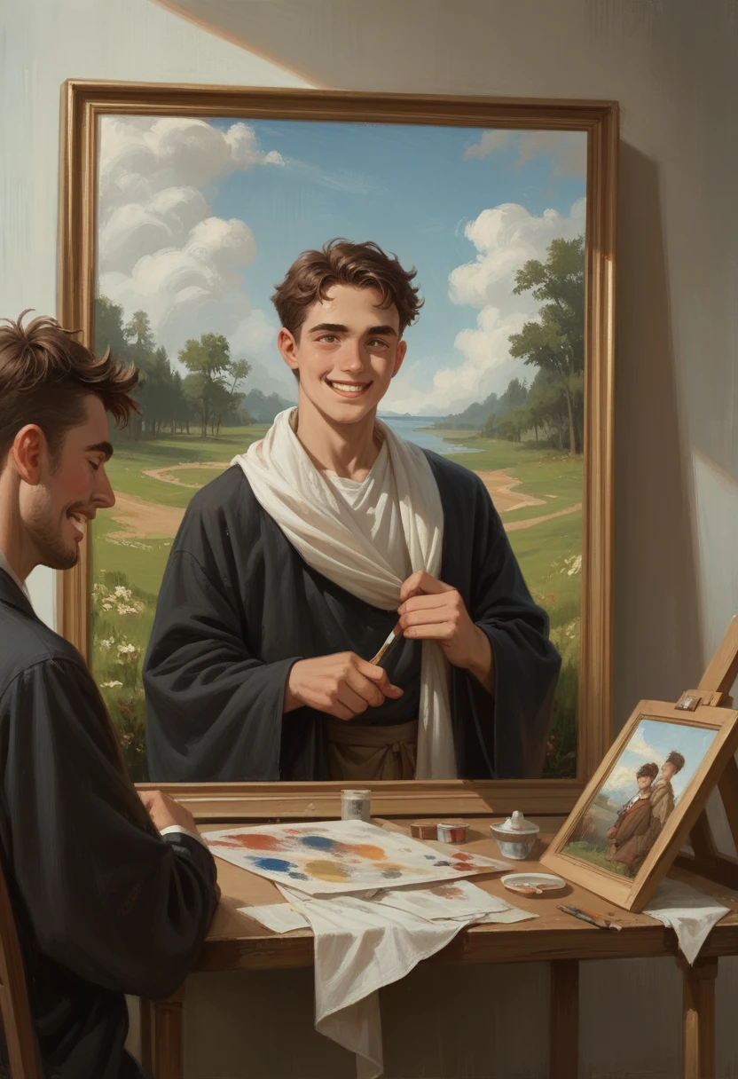 Create a wall with several paintings painted by the great painters of history, as if it were an exhibition, and among them a painting with the face of a happy young man. Show only the paintings, without anyone in the room