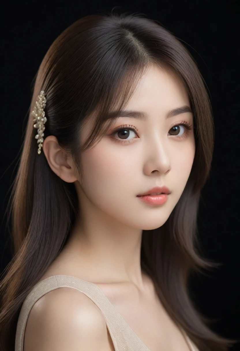 beautiful Japanese woman with long hair and an elegant profile picture is wearing beige . She has fair skin, big eyes, delicate facial features,with a matte photo on a light black background