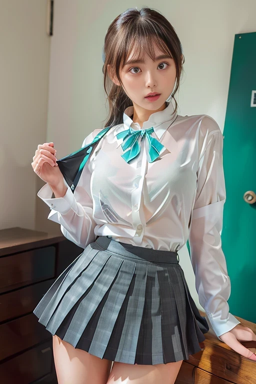 black eye、Japanese、Japanese high school girls、、cute、beauty、ponytail、Short skirt、(I can see your pants、Panty shot:1.2)、(The buttocks are slightly visible:1.25),(thin:1.3),(Mid-chest),(Short pleated skirt、Turquoise and grey gingham skirt,Coarse check pattern:1.15),Beautiful feet、thin脚、Beautiful thighs、Smooth Skin、Wearing brown loafers、(See through bra、See through、See-through bra,The outline of underwear is faintly visible:1.12),(真っ白なPlain blouse:1.3)、The bra pattern is slightly visible、(Black bra、Black bra、sexy bra、black lace bra:1.35)、(Uniforms without unnecessary decoration,Simple blouse、Plain blouse、White blouse、white collar、White shirt:1.5)、(I don't have anything in my hands、Place your hands behind your back:1.4)、(Stick your ass out、Accentuate your butt、Hip line、I can see her ass、Panty lines、Panty shot:1.4)