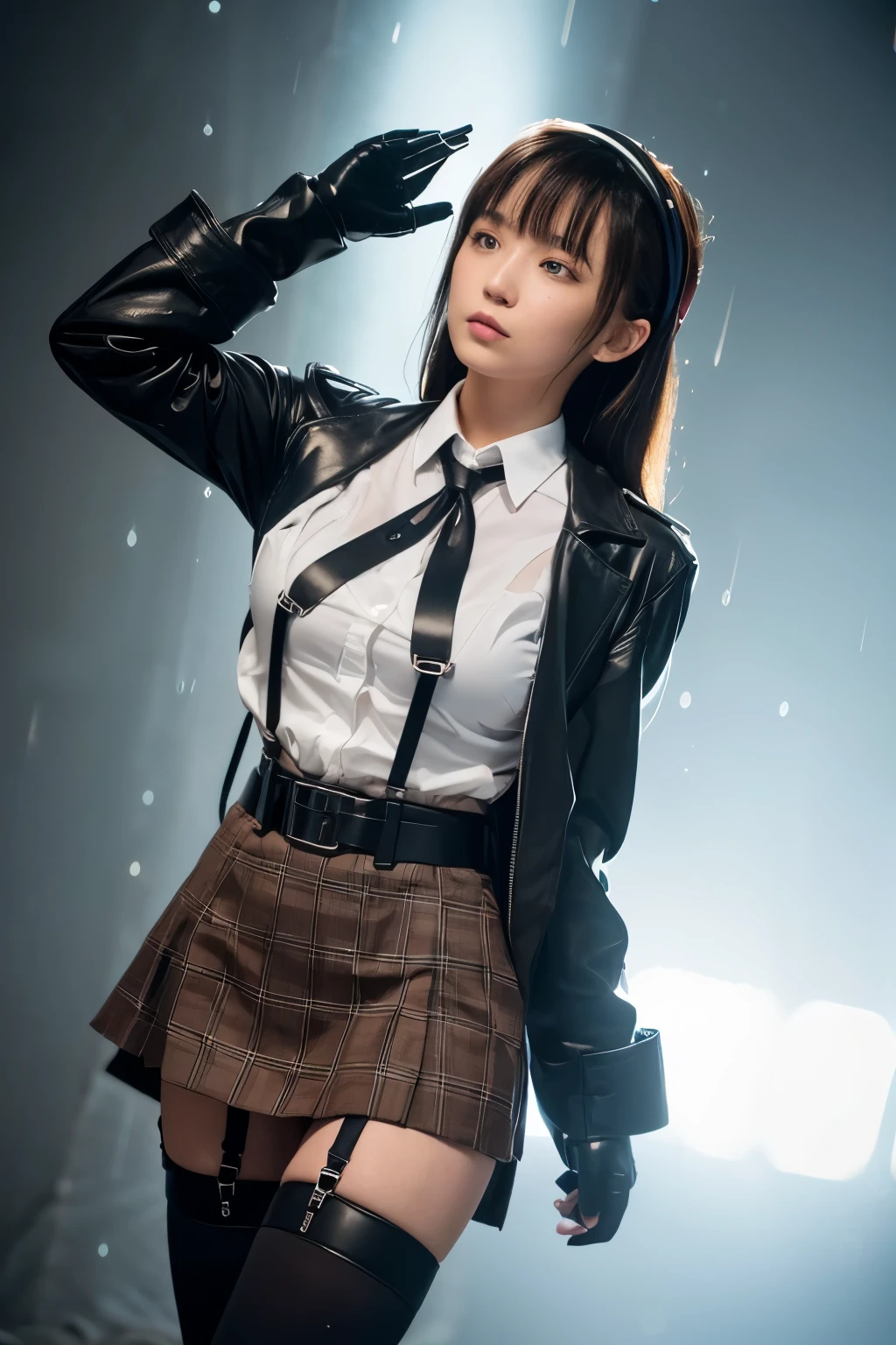 1 female, , high quality, masterpiece, Ultra-high resolution, , Cinema Lighting, , , 1 female, , high quality, masterpiece, Ultra-high resolution, , Cinema Lighting, , , And the suspenders with the cranes flying　　　Moderate breasts　 　 　　　　Large Breasts　 　 　　　　Small face　 　　　holster　　　　　　　 Lying in bed　Looking up　　　　Sweat 　　　belt　summer　脇Sweat 　Black Hole Gloves　suit　　　　 　garterbelt　Leg Links　ズボンにbelt　　holster　 　　Hands behind your back　 Anxious expression　Looking up　Anxious face　Knee-high　Knee socks　Knee-highソックス garterbelt　garter　ふとももにgarterbelt　Checkered mini skirt　Necktie Headband　ribbon　Panty shot　スカートの隙間 Armament　Handgun　handcuffs　Cable ties　レッグholster　holster 　　Hands behind your back　 Anxious expression　Looking up　Anxious face 足を横に開く　Armament　　Cable ties　レッグholster　holster　See-through clothing　heavy rain　Getting wet in the rain