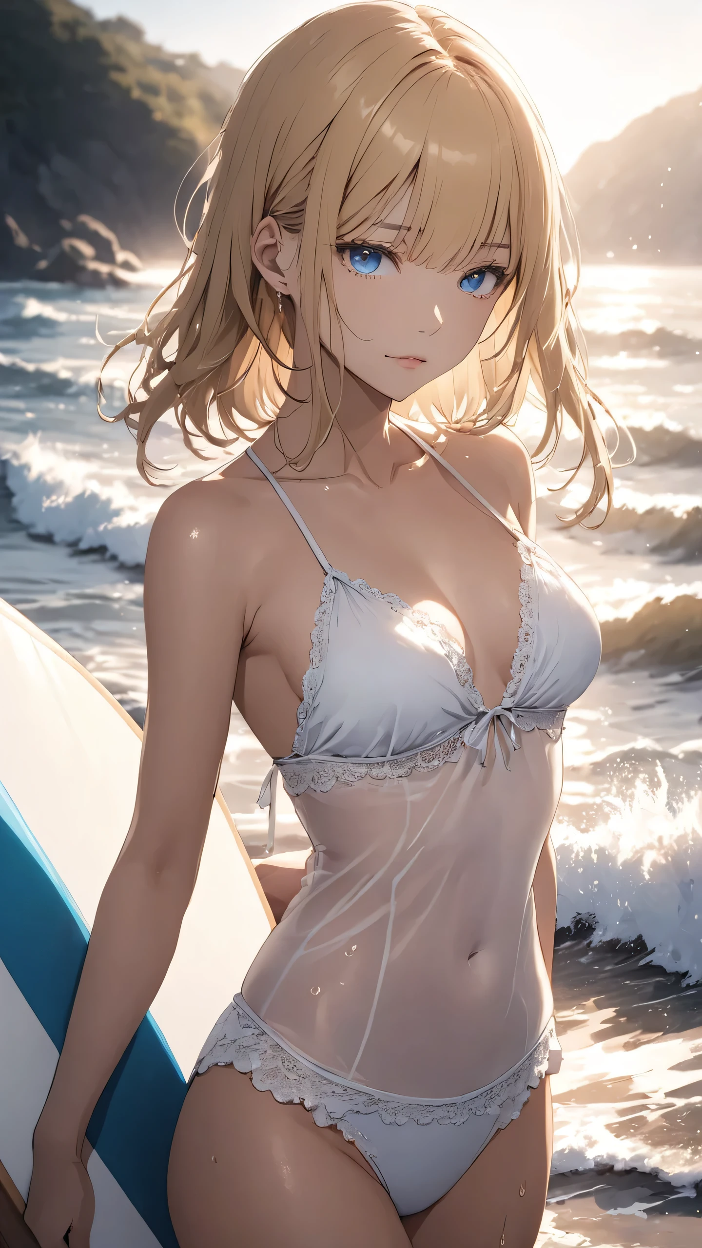 highest quality, masterpiece, best quality, 1 girl, solo,
BREAK
Cinematic lighting, sunlight, hot weather 
BREAK
Sea, waves 
BREAK
Holding surfing board, 
BREAK
blue eyes, medium hair, blonde hair:1.5, straight hair, white frilled bikini, wet body 
