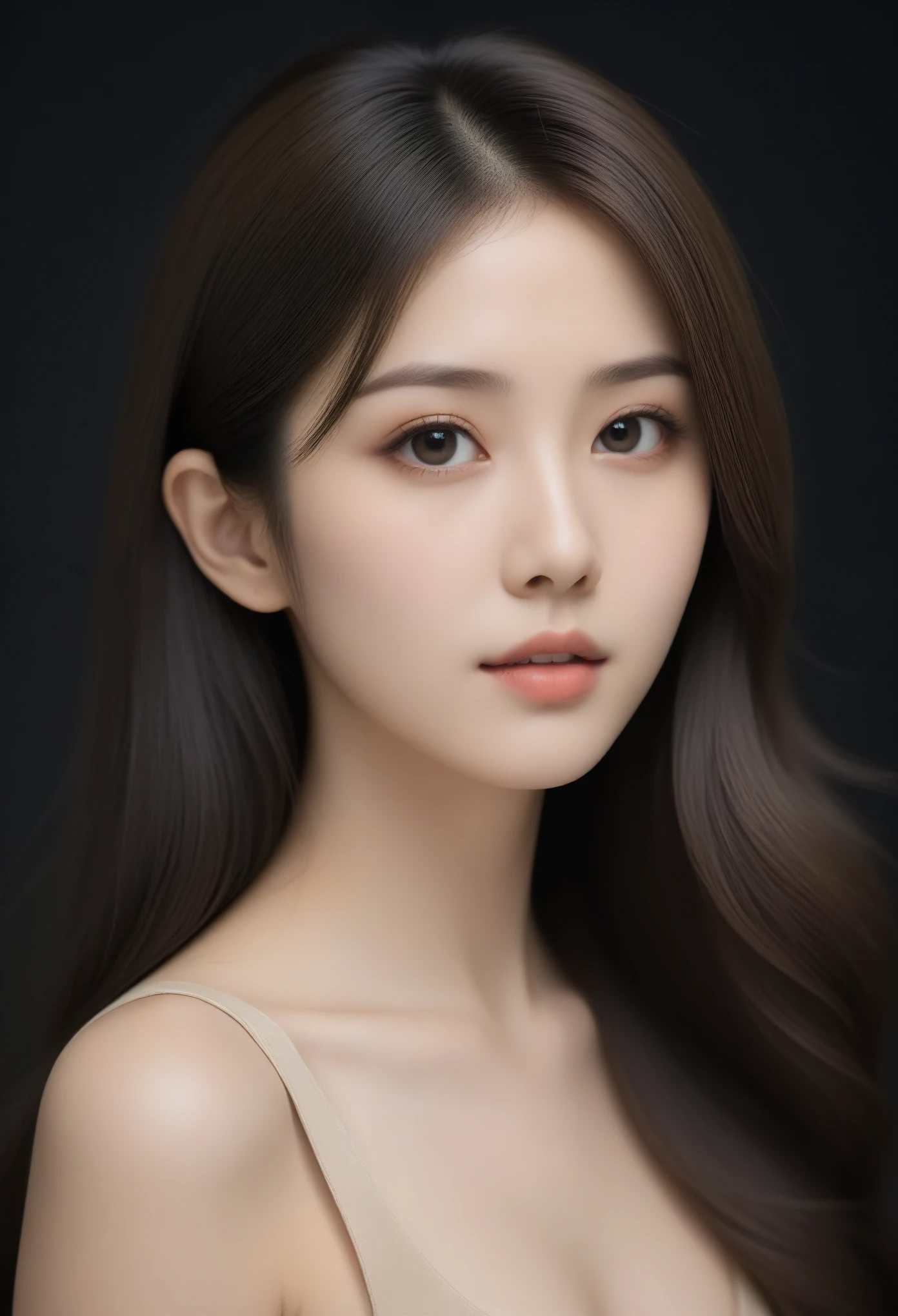 beautiful Japanese woman with long hair and an elegant profile picture is wearing beige . She has fair skin, big eyes, delicate facial features,with a matte photo on a light black background