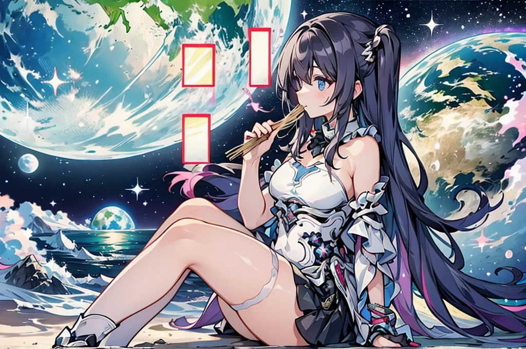 Very large giantess,quadratic element,Lots of mini-planets,Destroy the mini-planet,a beauty girl,Ark of Tomorrow,Stepping on,Left foot barefoot,blood stain,Amia,Right foot clown socks