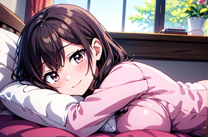 Highest quality, masterpiece, Ultra-high resolution, 8k,Show anime style , Soft Line Art, Digital Enhancement, shojo anime touch, shojo manga core, Flowing fabric, close, Soft Drawing, Ultra-Definition Digital Anime Art, Clear facial depiction, Super detailed girl cartoon character art, Ultra-detailed manga style, Highest qualityの色, 1People Women,(A woman with short brown hair), Wet Hair,Beautiful brown hair, Clear brown eyes, Slightly chubby,Small breasts,pajamas,((She is sleeping in bed with the covers on.)),I sleep in the same bed and watch her,Peaceful sleeping face,She wakes up,I call out good morning,((She lay face down in her sleep, her cheek on the pillow, turned her face towards me and smiled fondly.)),Little devil's smile,(Focus on face),(((1 picture)))