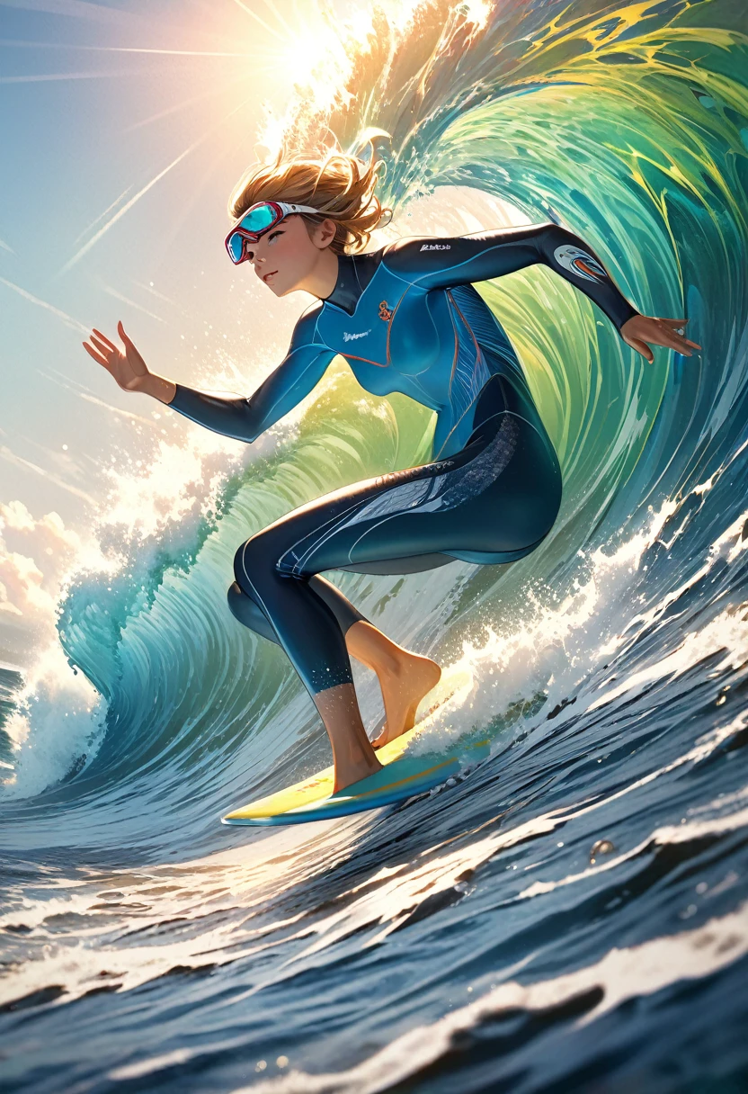Anatomically correct surfer wearing blue wetsuit and diving goggles riding huge wave featuring sunlight hitting the ocean, white blue green gradient, high dynamic range, Detailed and intricate psychedelic illustration of a hyper-realistic surfer High dynamic angles Perfect pose and vibrant Cinematic art imagery Beautiful artistic rendering of light and shadow cinematic special effects High-resolution imagery Surreal textures High-resolution, Digital painting,
Delicate and dynamic rendering, ultra-high quality, masterpiece, Super detailed, Best quality animation style HD high quality presentation
