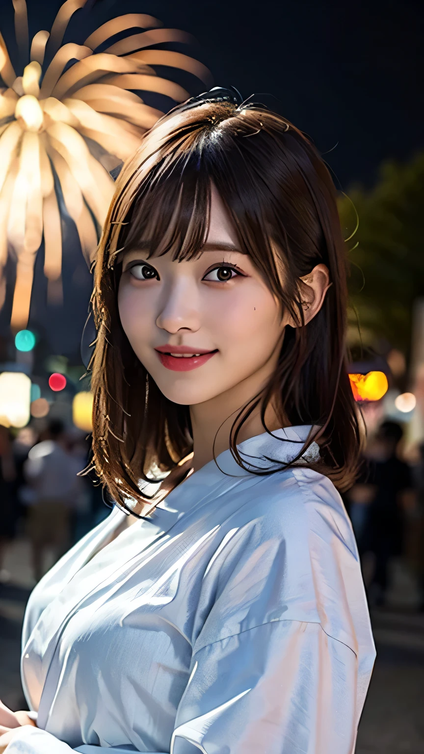 (8k、RAW Photos、Highest quality、masterpiece:1.2)、(Realistic、Photorealistic:1.37)、Ultra-detailed、Ultra-high resolution、1 girl、Seeing the viewer、Beautifully detailed face、Laughter、narrow、(Narrow waist) :1.3)、Japanese Yukata、Beautifully detailed skin、Skin Texture、Floating Hair、Professional Lighting、Fireworks venue、Human whole body、Brown Hair