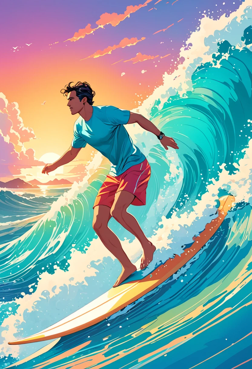 a man riding a surfboard on top of a wave in the ocean, jen bartel, in style of digital illustration, colorful illustration, kilian eng vibrant colors, kilian eng vibrant colours, inspired by Cyril Rolando, vector art style, in style of cyril rolando, adobe illustrator art, illustration style, stylised illustration, editorial illustration colorful, surfing