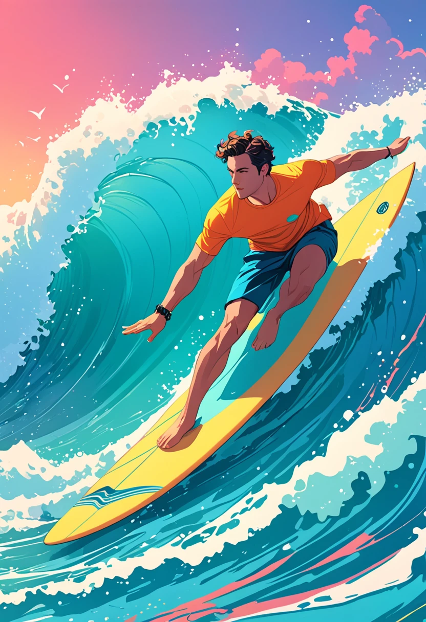 a man riding a surfboard on top of a wave in the ocean, jen bartel, in style of digital illustration, colorful illustration, kilian eng vibrant colors, kilian eng vibrant colours, inspired by Cyril Rolando, vector art style, in style of cyril rolando, adobe illustrator art, illustration style, stylised illustration, editorial illustration colorful, surfing