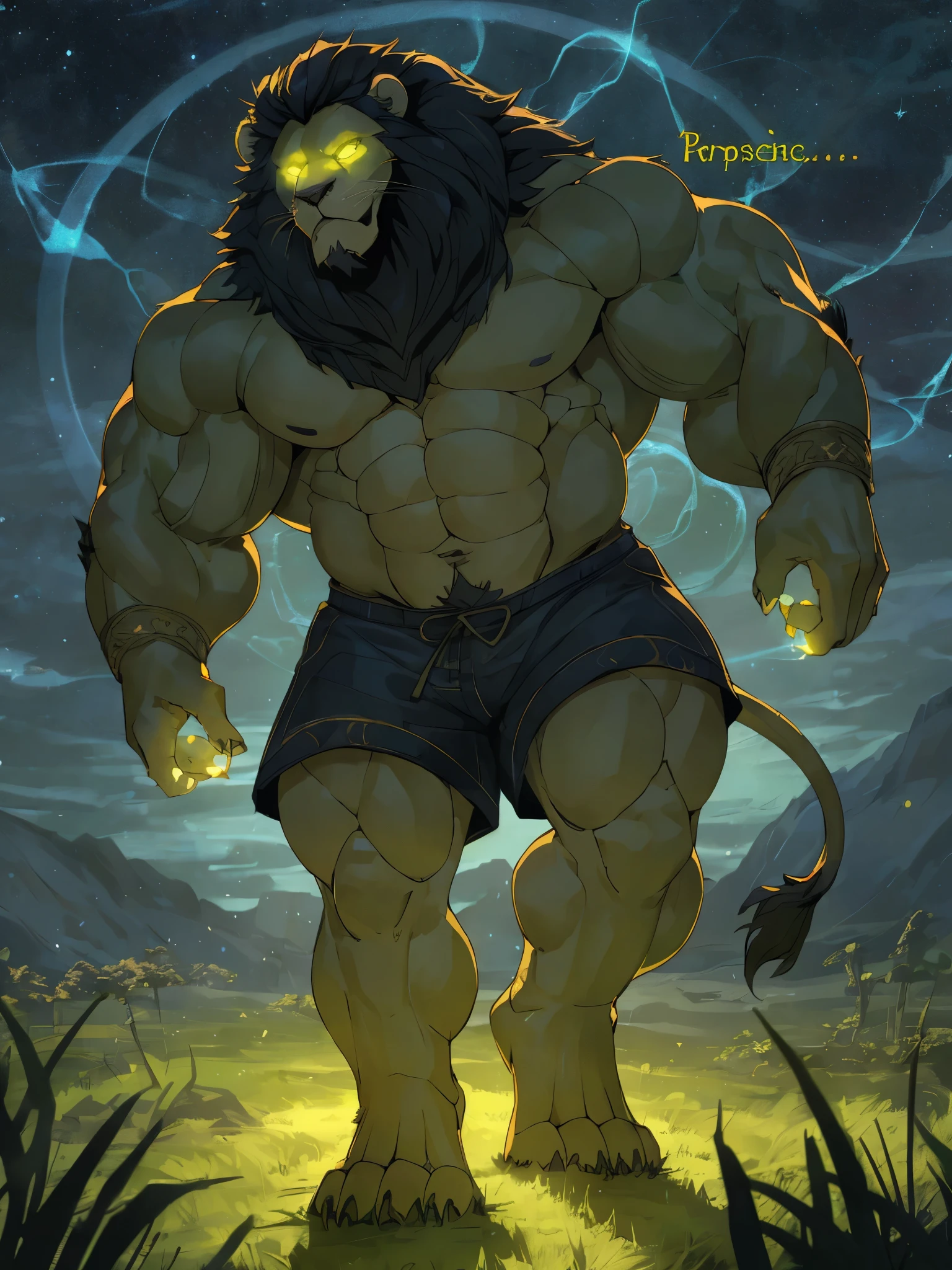 huge muscular furry lion walking in fantasy word, spelling magic, magic sign, open fields, night, star in sky, glowing eyes, glowing plants, shorts, cinematic, masterpiece, best quality, 4k