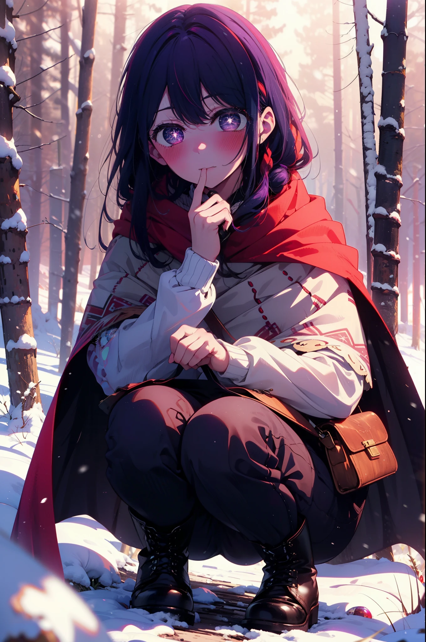 aihoshino, Ai Hoshino, Long Hair, bangs, (Purple eyes:1.1), Purple Hair, (Symbol-shaped pupil:1.5), smile,,smile,blush,white breath,
Open your mouth,snow,Ground bonfire, Outdoor, boots, snowing, From the side, wood, suitcase, Cape, Blurred, , forest, White handbag, nature, Squat, Mouth closed, Cape, winter, Written boundary depth, Black shoes, red Cape break looking at viewer, Upper Body, whole body, break Outdoor, forest, nature, break (masterpiece:1.2), Highest quality, High resolution, unity 8k wallpaper, (shape:0.8), (Beautiful and beautiful eyes:1.6), Highly detailed face, Perfect lighting, Extremely detailed CG, (Perfect hands, Perfect Anatomy),