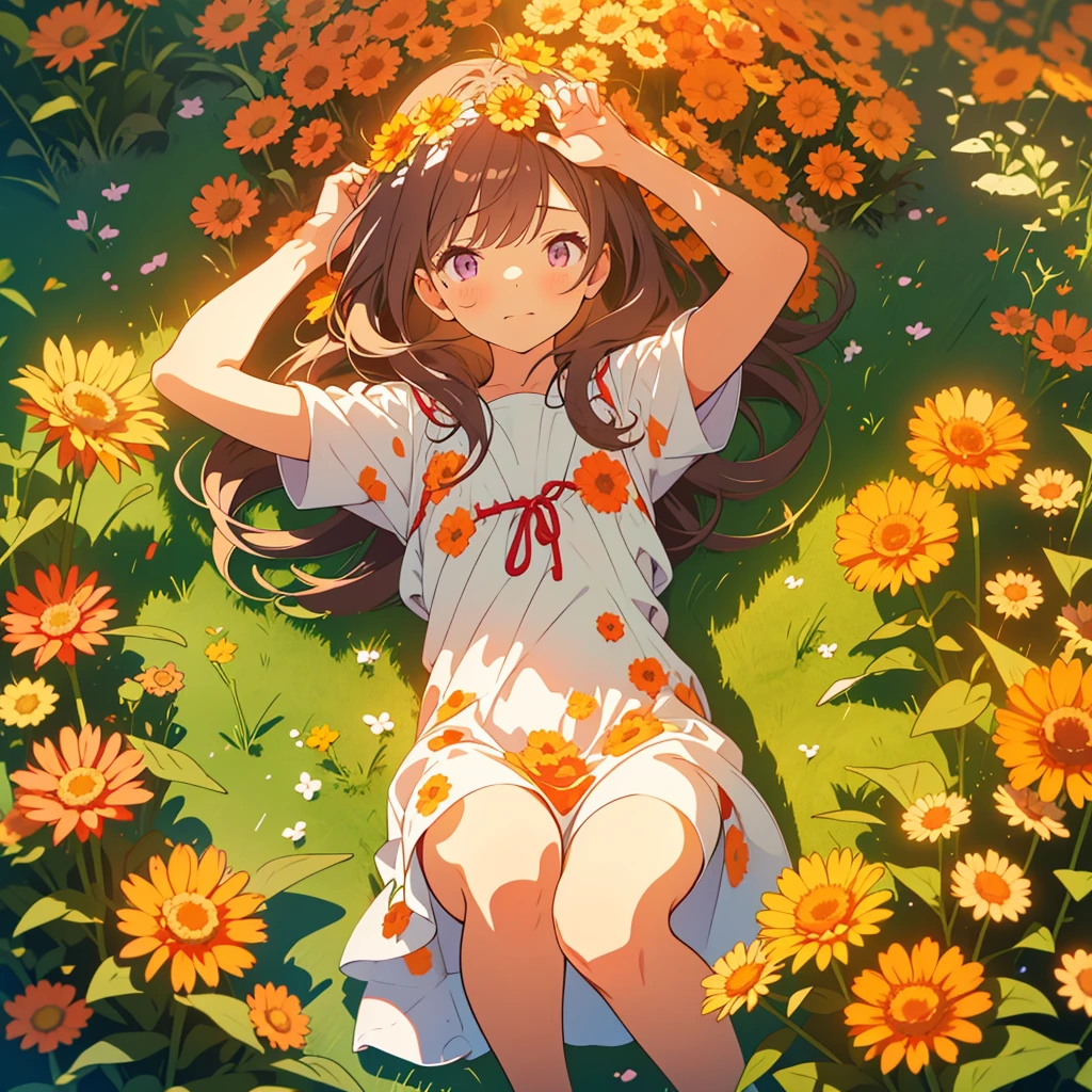 kawaii, anime, Cute, hyper quality, highly detailed, 8k, Clarity, Draw facial expressions in detail, Girl with long dark brown hair and green eyes, Woman with long light pink hair and purple eyes looking back, A small, short, dark orange calendula spreads out at my feet., A hill with small, short, dark orange calendula growing in clusters at its feet., Inciting point of view, Deep orange calendula petals are dancing, back to back, look down with a sad expression, whole body, draw two people, small calendula at my feet, small Calendula officinalis at my feet, dress, farewell, Loneliness, sadness of parting, Sad, broken heart, A flower garden spreads out at your feet,