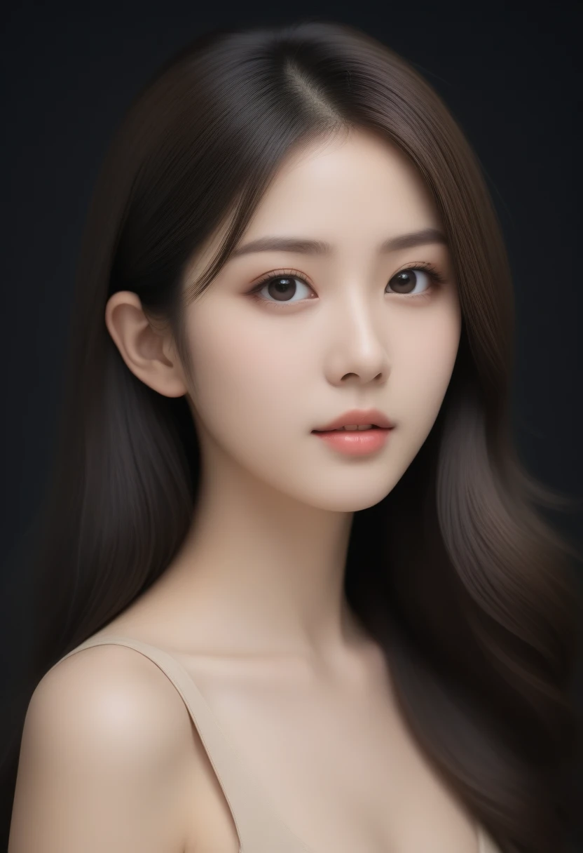 beautiful Japanese woman with long hair and an elegant profile picture is wearing beige . She has fair skin, big eyes, delicate facial features,with a matte photo on a light black background
