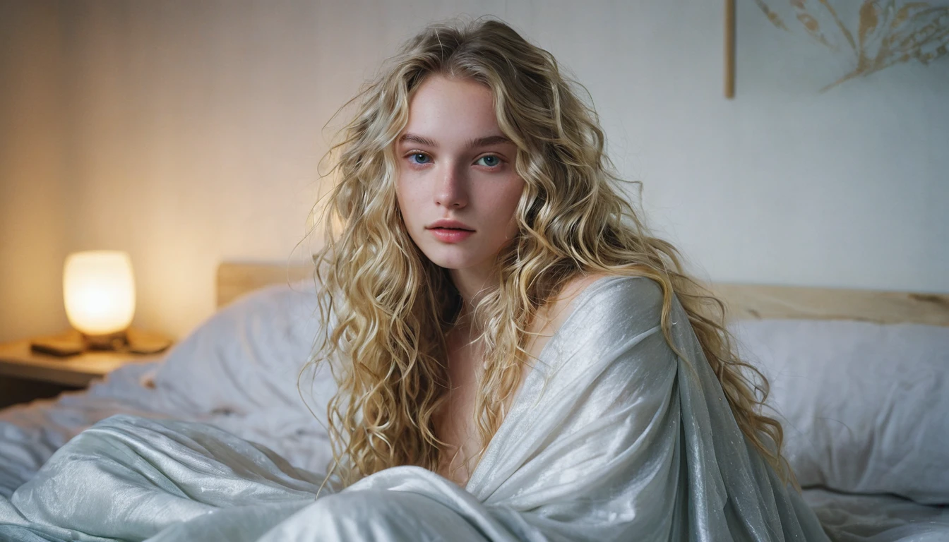 Photo of a 20-year-old European girl, raw, beautiful woman, (extra long wavy blonde hair), ((portrait)), ((detailed face: 1.2)), ((detailed facial features)), (finely detailed skin), pale skin, wrapped in a sheet, bedroom environment, sitting on the bed, (cold color), moist, moist, reflectors, (masterpiece) (perfectly proportioned) (photos realistic) (best quality) (detailed) photographed in a Canon EOS R5, 50mm lens, F/2.8, nfsw, (8K) (wallpaper) (cinematic lighting) (dramatic lighting) (foco nítido) (convoluted) fashion, from above