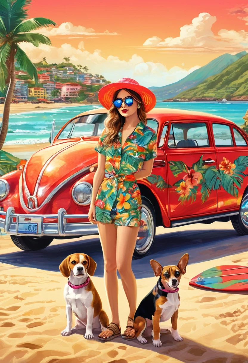 a beautiful young woman wearing sunglasses, a straw hat, a vintage aloha shirt, sandals, holding a surfboard, with a beagle dog, on a beach with a red vintage volkswagen car, cityscape in the background, cinematic lighting, vibrant colors, beautiful detailed eyes, beautiful detailed lips, extremely detailed face, long eyelashes, (best quality,4k,8k,highres,masterpiece:1.2),ultra-detailed,(realistic,photorealistic,photo-realistic:1.37),highly detailed,intricate details,vivid colors,warm lighting,city pop aesthetic