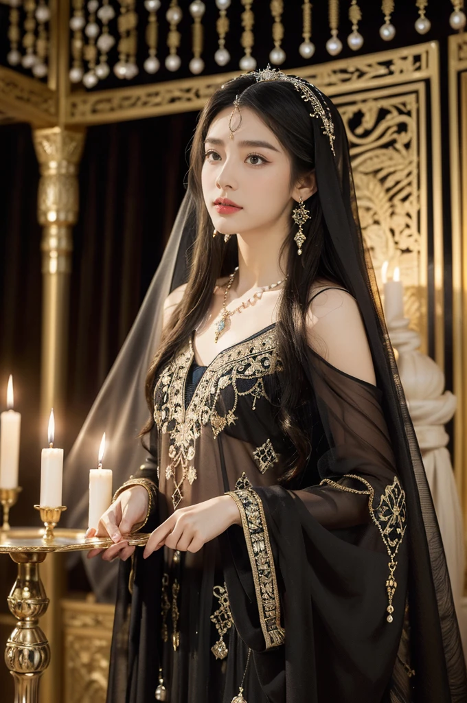 (((best quality))),(((ultra detailed))),(((masterpiece))),illustration,((1girl,Arabian dancer,solo)),(headcarf:1.3),((slim,thin)),((small breasts,flat chest)),((earrings,necklace)),((pearls,jewels,gemstones)),(night scene:1.3),(standing:1.3),(in luxurious palace:1.3),(indoor:1.3),(gorgeous embroidered sheer abaya:1.3), intricate patterns,((Arabian theme,Middle Eastern culture)),(shoulder length straight hair:1.2),(sheer veil on face:1.3),mystery, ornate furnishings, decorations, enchantment, magic, Persian magic carpet,night sky, floating,Aladdin's lamp, flame, fulfillment of desires,candlelight,romance,One Thousand and One Nights, coherent narrative, dreamlike atmosphere, deep emotions, graceful movements, passion, face beneath the veil, beloved's dream, timeless beauty, enchantment,magical world, wondrous journey,((from front,upper body))
