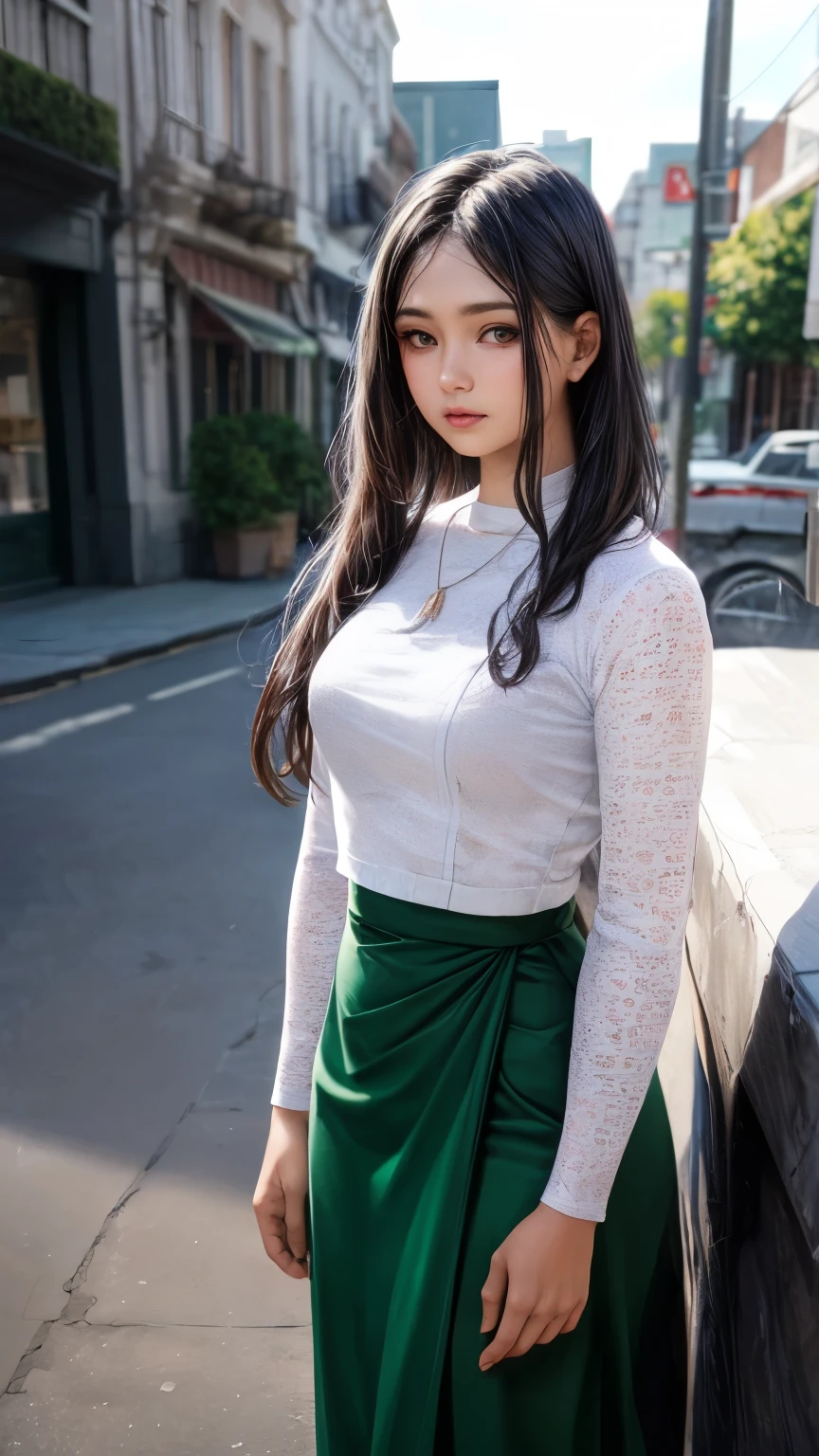 8K, Best Quality, Masterpiece, Ultra High Resolution, (Realism: 1.4), Original Photo, (Realistic Skin Texture: 1.3), (Film Grain: 1.3), 1 Girl, Beautiful Eyes and Face Details, Masterpiece, Best Quality, wearing acmmsayarma outfit, acmmsayarma white top, lace long sleeves, ((acmmsayarma dark green long skirt)) , Layered necklaces, anklets, outdoor, standing and Looking at the Viewer