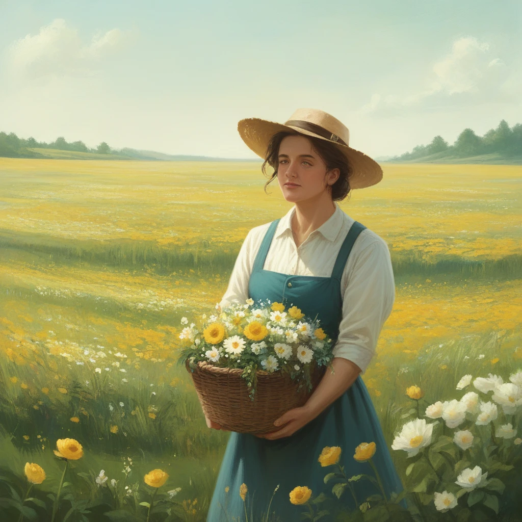 Painting &quot;Woman with a basket of flowers in a field&quot;., Laszlo Balog, In the field with flowers, in a field of flowers, Wojciech Cornelie Stattler, Yaroslava Korol, Igor Grabar, Vladimir Novak, author: by Marek Okon, Ferdinand Knab, Franz Hegi