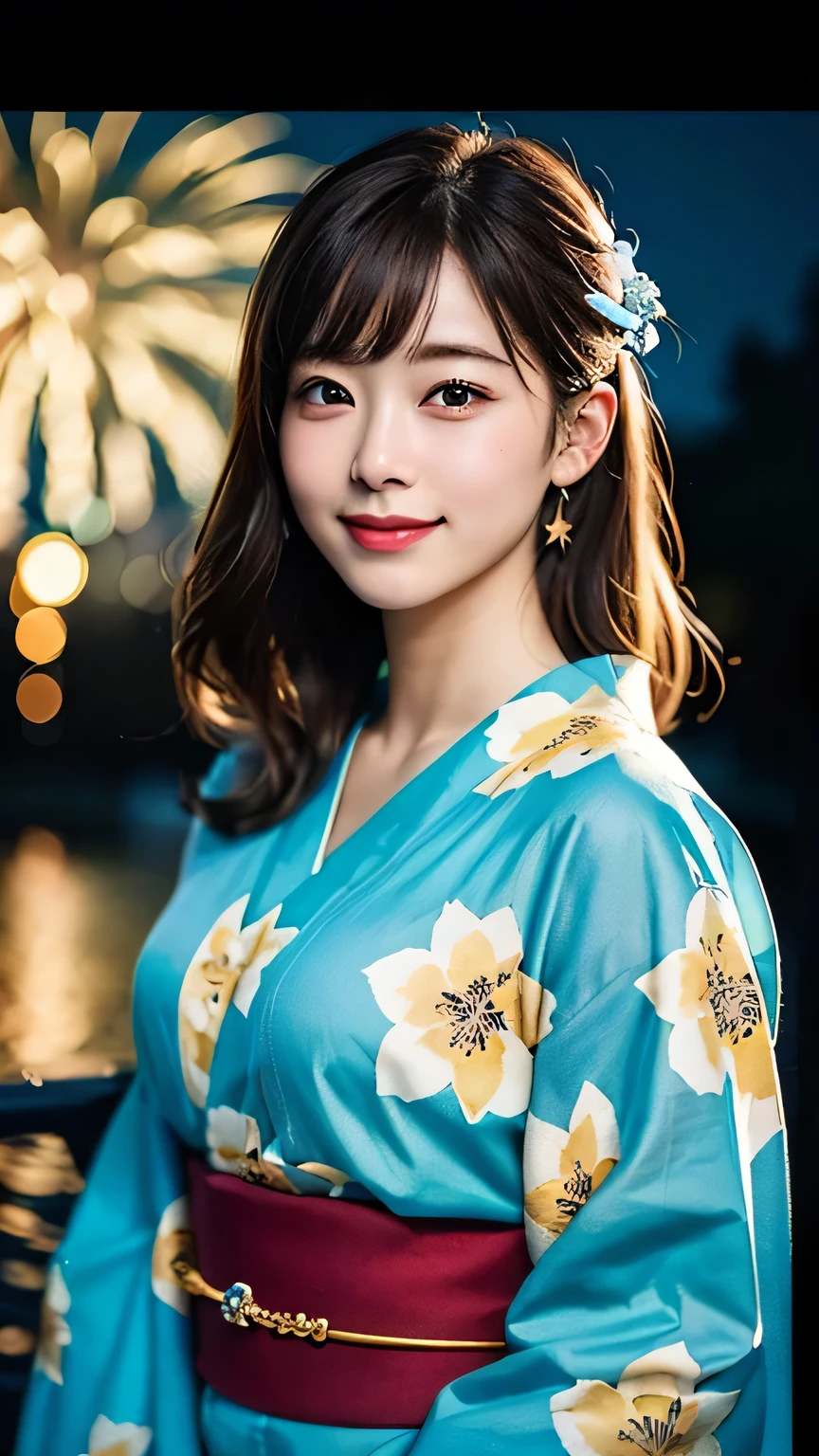 (8k、RAW Photos、Highest quality、masterpiece:1.2)、(Realistic、Photorealistic:1.37)、Ultra-detailed、Ultra-high resolution、1 girl、Seeing the viewer、Beautifully detailed face、Laughter、narrow、(Narrow waist) :1.3)、Japanese Yukata、Beautifully detailed skin、Skin Texture、Floating Hair、Professional Lighting、Fireworks venue、Human whole body、Brown Hair