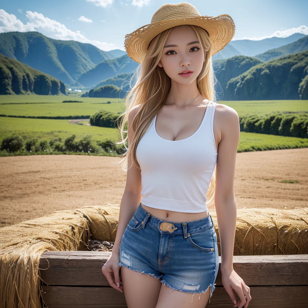 (((best super touching、super highest quality、32K、Highly detailed CG Unity 32K wallpaper、ticker、Raw photo 1.3、very noisy々new image、very noisy々New image quality、Photoreal 1.4、Highest quality 1.3、Super detailed 1.2, small details, High resolution, wall , perfect dynamic composition, masterpiece, surreal, 32K, real human being、)))、sexly farm girl with straw cowboy hat standing in a mountain valley, tanned skin, long blonde hair, Cut-off jeans shorts, athletic and healthy body, thin, frivolous, sexly, big , cleavage, Wet white tank top, sunset, dynamic , beer