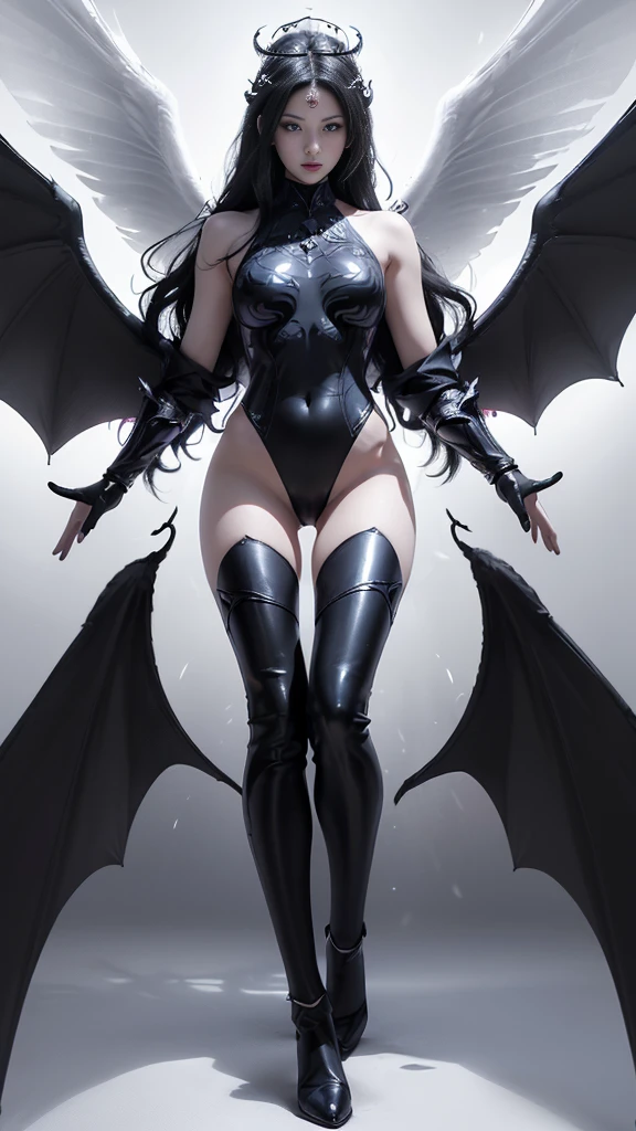 (Realistic picture, highest resolution, 16ก), (A demon god with wide wings and enormous power on his shoulders..., Twelve wings on the shoulders., black bat wings:1.3 white angel wings:1.5), 6 angel wings, 6 devil wings, (Beautiful girl with two meter long hair, shiny black hairงาม, Smooth white skin, Lips are very red.), ((stand, already)), (big breasts, หัวBig tits), (gigantic breast, breast augmentation, Breast 400 cc., small waist, hips raised, small thighs, Long legs), (dynamic poses), (Armor that slightly conceals the body), Separate theme, (Angel wings and devil wings), floating in the air above the groundดิน, background darkness, Embraced with twelve wings, wearing a large king crown, crown shining bright, wears little armor, There is power coming out of the body., sparkling wings, white light black light, amazing wings, beautiful gesture, 8K resolution, Resolution 4000 x 2250 pixels, beautiful gesture, Angel wings and devil wings, (Realistic picture, highest resolution, 16K), (A demon god with wide wings and enormous power on his shoulders.., Twelve wings on the shoulders., black bat wings:1.3 white angel wings:1.5), Have wings 100 Have wings 1000, Angel wings and bat wings, wings inserted between wings, 12 wings, 6 angel wings, 6 bat wings, (Beautiful girl with two meter long hair, shiny black hair, Smooth white skin, Lips are very red.), very long hair, ((stand, toe)), (big breastsโต, หัวBig tits), (gigantic breast, small waist, hips raised, small thighs, Long legs), (dynamic poses), (black and white leotard, There are beautiful patterns., Decorated with gold embroidery., Show off your chest), Separate theme, (Angel Wings and Demon Lord Wings), floating in the air above the ground, background darkness, Embraced with twelve wings, white and black light crown, A rainbow glow on the back of the head, The most busty breasts, Big tits, universe backdrop, dynamic gesture.