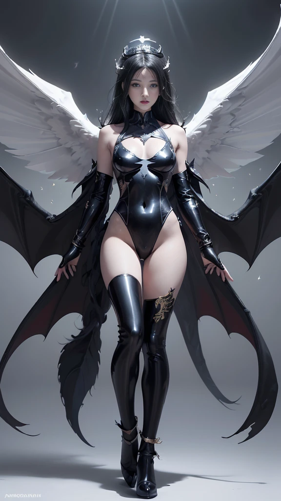 (Realistic picture, highest resolution, 16ก), (A demon god with wide wings and enormous power on his shoulders..., Twelve wings on the shoulders., black bat wings:1.3 white angel wings:1.5), 6 angel wings, 6 devil wings, (Beautiful girl with two meter long hair, shiny black hairงาม, Smooth white skin, Lips are very red.), ((stand, already)), (big breasts, หัวBig tits), (gigantic breast, breast augmentation, Breast 400 cc., small waist, hips raised, small thighs, Long legs), (dynamic poses), (Armor that slightly conceals the body), Separate theme, (Angel wings and devil wings), floating in the air above the groundดิน, background darkness, Embraced with twelve wings, wearing a large king crown, crown shining bright, wears little armor, There is power coming out of the body., sparkling wings, white light black light, amazing wings, beautiful gesture, 8K resolution, Resolution 4000 x 2250 pixels, beautiful gesture, Angel wings and devil wings, (Realistic picture, highest resolution, 16K), (A demon god with wide wings and enormous power on his shoulders.., Twelve wings on the shoulders., black bat wings:1.3 white angel wings:1.5), Have wings 100 Have wings 1000, Angel wings and bat wings, wings inserted between wings, 12 wings, 6 angel wings, 6 bat wings, (Beautiful girl with two meter long hair, shiny black hair, Smooth white skin, Lips are very red.), very long hair, ((stand, toe)), (big breastsโต, หัวBig tits), (gigantic breast, small waist, hips raised, small thighs, Long legs), (dynamic poses), (black and white leotard, There are beautiful patterns., Decorated with gold embroidery., Show off your chest), Separate theme, (Angel Wings and Demon Lord Wings), floating in the air above the ground, background darkness, Embraced with twelve wings, white and black light crown, A rainbow glow on the back of the head, The most busty breasts, Big tits, universe backdrop, dynamic gesture.