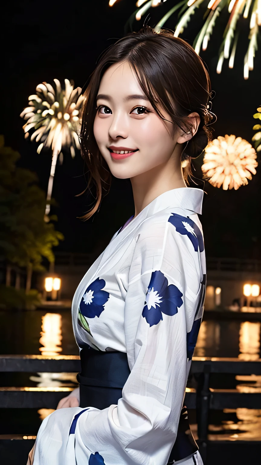 (8k、RAW Photos、Highest quality、masterpiece:1.2)、(Realistic、Photorealistic:1.37)、Ultra-detailed、Ultra-high resolution、1 girl、Seeing the viewer、Beautifully detailed face、Laughter、narrow、(Narrow waist) :1.3)、Japanese Yukata、Beautifully detailed skin、Skin Texture、Floating Hair、Professional Lighting、Fireworks venue、Human whole body、Brown Hair