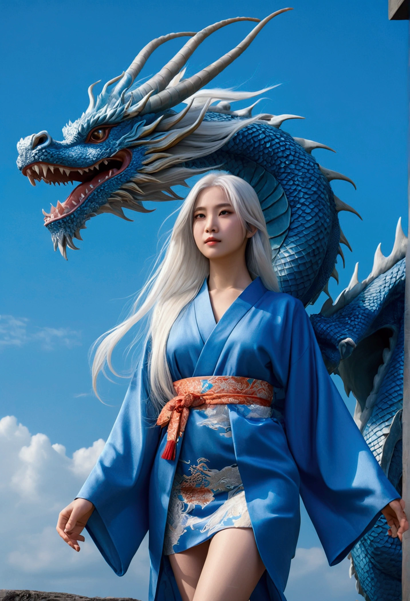 A beautiful girl with long white hair wearing a blue kimono, standing in front of a simple blue sky background, a large blue dragon towering behind her, the girl's bare shoulders and long sleeves visible, wearing flip flops, with a serene expression looking directly at the viewer, highly detailed, 8k, photorealistic, fantasy, dramatic lighting, vibrant colors